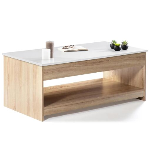 Table Basse Plateau Relevable Soa Bois Imitation H�tre Plateau Blanc - 4