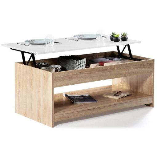 Table Basse Plateau Relevable Soa Bois Imitation H�tre Plateau Blanc - 6