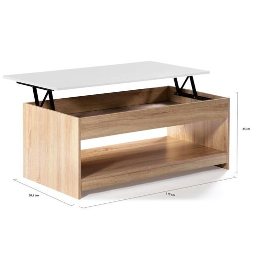 Table Basse Plateau Relevable Soa Bois Imitation H�tre Plateau Blanc - 9