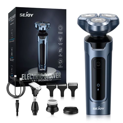 Rasoir Électrique Sejoy Hommes 3d Flottante Rechargeable 5 En 1 Tondeuse Barbe & Nez, Brosse De Nettoyage De Visage, Ipx7 Étanche - Bleu