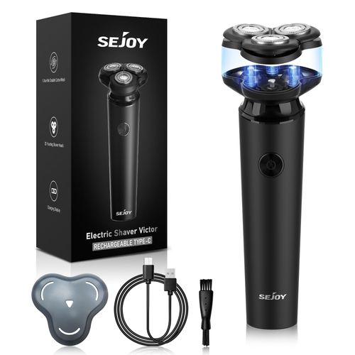 Sejoy Rasoir Électrique  Homme Sans Fil 3d Rotary Rasoir Rechargeable, Tête De Rasoir Magnétique, Lames À Double Anneau, Noir