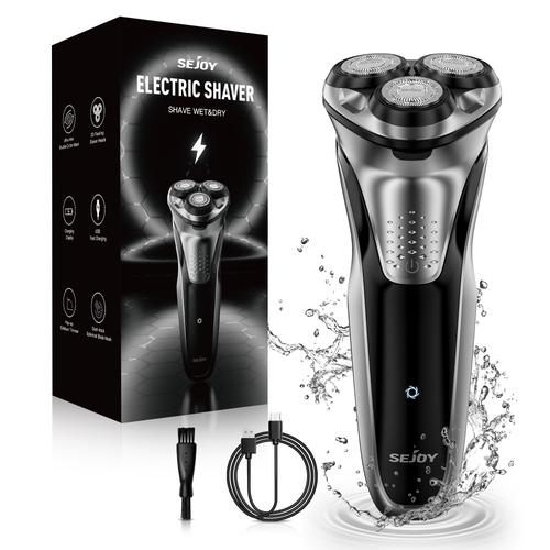 Rasoir Electrique Sejoy Homme 3d Têtes Rotatives Avec Pop-Up Tondeuse Barbe, Technologie Humide Et Sec Ipx7 Étanche & Écran Lcd - Noir Et Gris