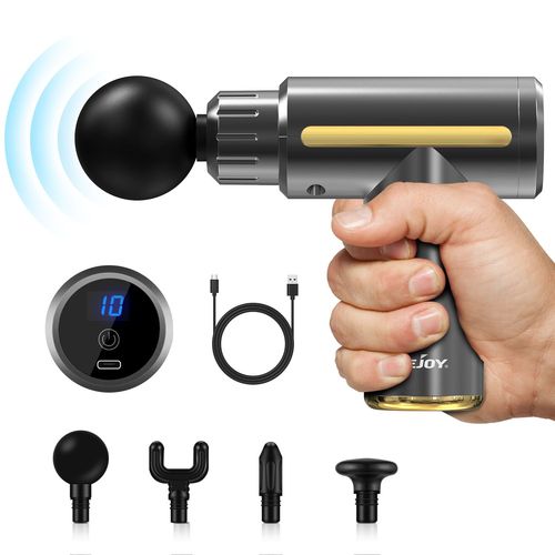 Pistolet De Massage Musculaire - Sejoy - Mini Massage Gun Avec 4 Têtes - 10 Niveaux Réglables Pour Récupération De Fatigue - Gris