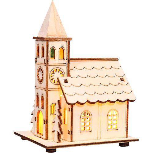 Maison de village de Noël en bois avec lumières LED, décoration blanc chaud, fonctionnement sur batterie, décoration de Noël illuminée en bois naturel
