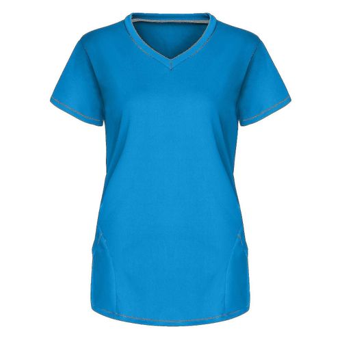 Femmes Manches Courtes Col V Tops Travail Uniforme Couleur Unie De Poche Blouse