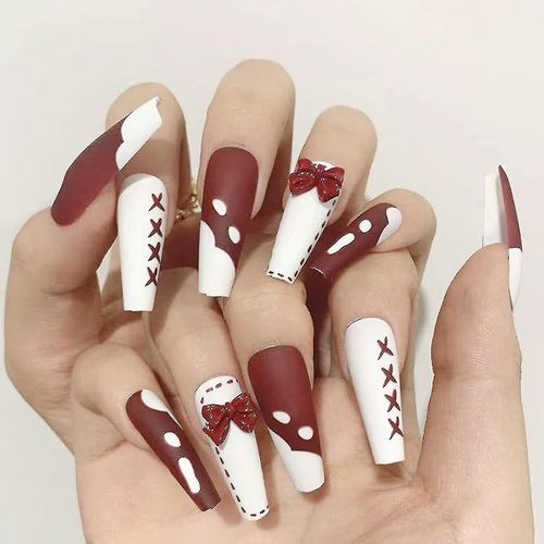 Appuyez Sur Les Ongles Long Français Faux Ongles Cute Stick On Nails Bow-Knot Press On Faux Nails Red Fake Nails Coffin Nails For Women 24pcs (Style 3) 