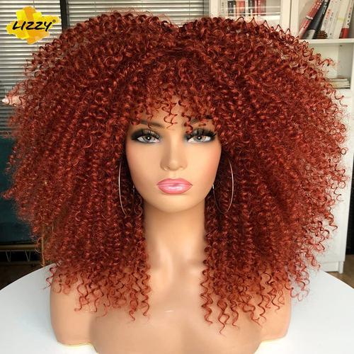 350r 16 Pouces Perruque Afro Courte Bouclée Avec Frange Synthétique Africaine Sans Colle 