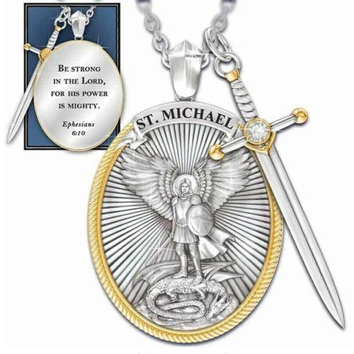 Patron Catholique L¿Archange St Michel Pendentif Collier Cz Épée Seigneur Prière