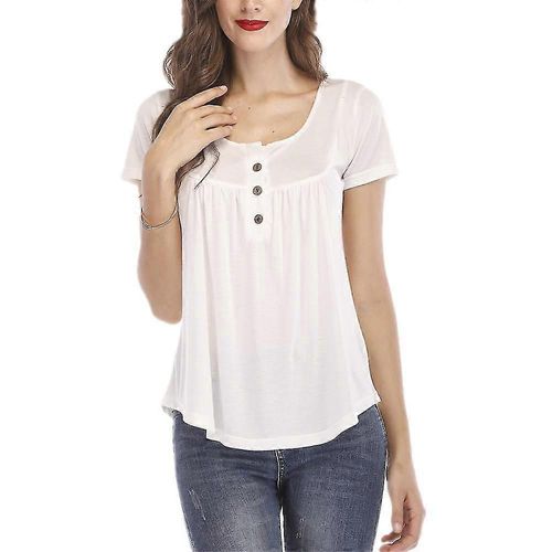Femmes Boutons Unis Tunique Hauts T-Shirt Plissé Manches Courtes Décontracté Crew Neck Tee Blouse Plus Taille