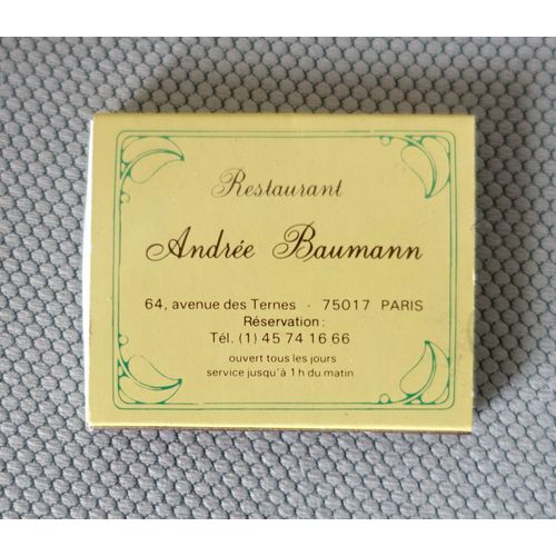 Boîte D' Allumettes Pleine Restaurant Andrée Baumann, Paris. Collection Restaurant, Gastronomie.