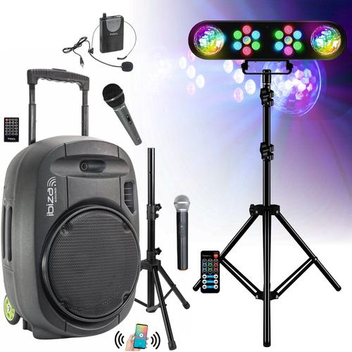 Pack Sono Enceinte Portable Bluetooth USB Ibiza PORT12VHF-MKII-TWS 700W 3 Micros - Pied Support Enceinte - Pied Lumière Portique DJ