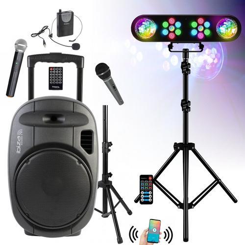 Pack Sono Enceinte Portable USB Bluetooth Ibiza PORT15VHF-MKII-TWS 800W 3 Micros - Support Pied Enceinte - Pied Lumière Portique DJ