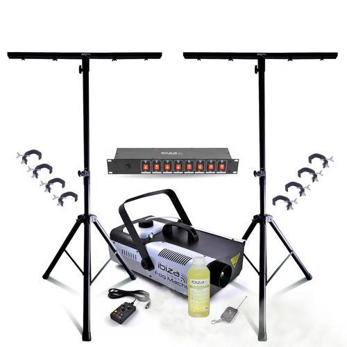 Pack Lumière DJ 2 Pieds Mooving Light ML-SUPPORT-DJLIGHT - 8 Crochets - Machine à Fumée Ibiza 1200W - Dispatching 8 Voies