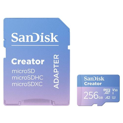 SanDisk Creator - Carte mémoire flash (adaptateur microSDXC vers SD inclus(e)) - 256 Go - A2 / Video Class V30 / UHS-I U3 - microSDXC UHS-I