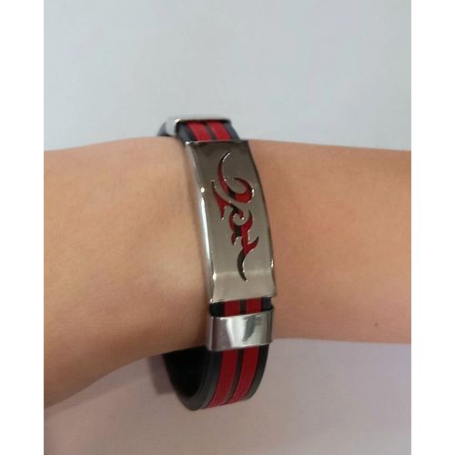 Bracelet Acier Et Silicone Tribal Flamme Rouge Noir