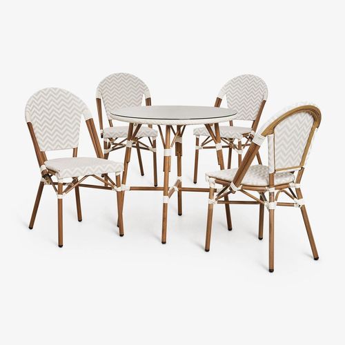 Ensemble Table Ronde Ø80 Cm Et 4 Chaises De Salle À Manger Empilables En Aluminium Et Rotin Synthétique Brielle Bistro Beige Nude - Blanc Gardenia
