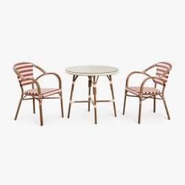 Ensemble Table Ronde Ø80 Cm Brielle Bistro Et 2 Chaises Avec Accoudoirs En Rotin Synthétique Et Aluminium Solange Bistro Beige Crème - Rouge Bordeaux