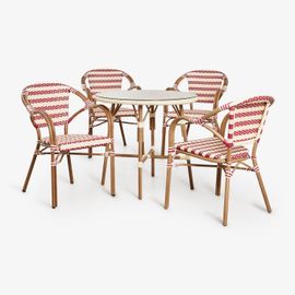 Ensemble Table Ronde Ø80 Cm Brielle Bistro Et 4 Chaises Avec Accoudoirs En Rotin Synthétique Et Aluminium Solange Bistro Beige Crème - Rouge Bordeaux