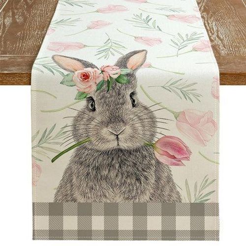 Chemin De Table En Toile De Jute À Motif Floral De Lapin De Printemps - Décor À Carreaux De Buffle De Pâques