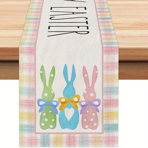 Chemin de table en toile de jute à carreaux de buffle et lapin de Pâques