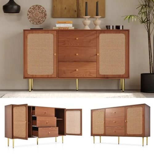 Commode 2 Portes Et 3 Tiroirs, Commode En Rotin Avec Tiroirs, Noyer - H90/B150/T40 Cm