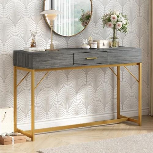 Table Console,Table D'entrée Avec 1 Tiroir,Table D'appoint Légère De Style Luxe,Table Basse,120x38x76 Cm,Gris/Or