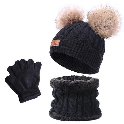 3pcs Hiver Enfants Chapeau Foulard Et Gants Épais Pompon Polaire Doublure Tricoté Ensembles Thermiques Pour Enfants Vacances