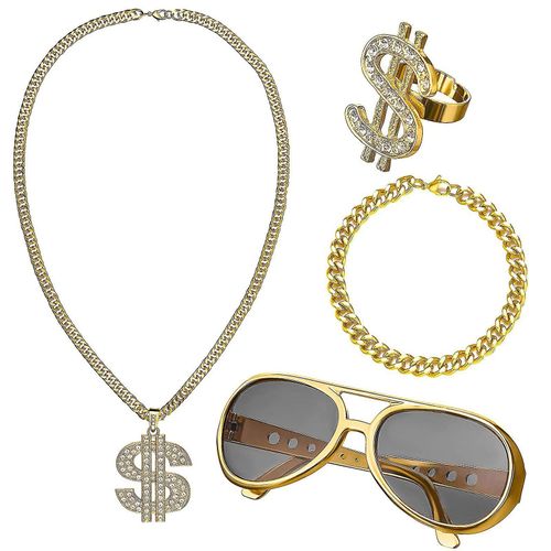 4 Pcs / Set 80s 90s Hip Hop Costumes Tenue Accessoires Rappeur Vêtements Accessoires Big Fake Chain