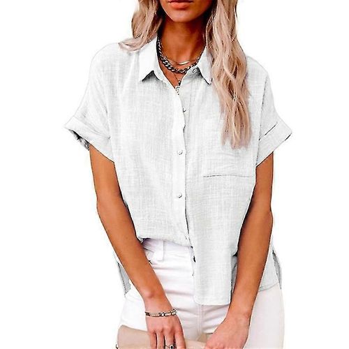 Femmes À Manches Courtes Coton Lin Chemises Bouton Vers Le Bas Blouse Gaze Col D¿Été Tops Boho Casual Dames Vêtements