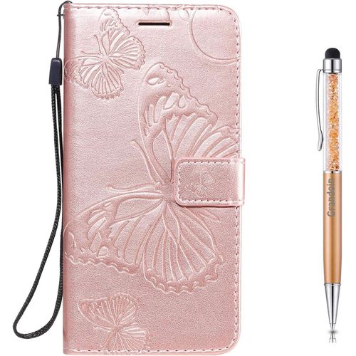 Coque Pour Oneplus 8, Papillon Gaufrage Housse Rtro Pu En Cuir Premium Bookstyle Flip Portefeuille Etui Avec Tpu Silicone Souple Phone Case Avec Fermeture Magntique (Or Rose