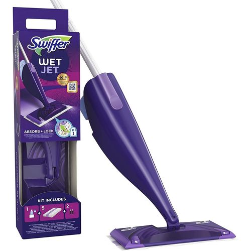 Swiffer Wetjet Balai Lave Sol Avec Spray,Kit De Démarrage Avec 1 Balai Spray +5 Lingettes +1 Solution Nettoyante Liquide + 2 Piles