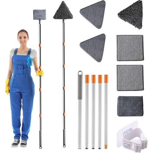 Vadrouille De Nettoyage Rotative À 360°,Balai Plafond Triangulaire Avec 230Cm Longue Poignée,Balai Serpillère Avec 8 Interchangeable Microfibre Chenille Pads Pour Plafond Fenêtre Mural