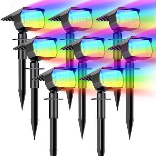 Lot De 8 Spot Solaire Exterieur, 72 Led Lampe Solaire Etanche Ip65, Lumiere Solaire Avec 3 Modes D'éclairage, Réglable 120° Projecteur Solaire Extérieur Pour Jardin Allée Chemin Coloré.[G79]