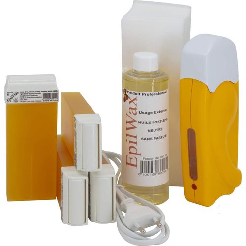 Kit Chauffe Cire Épilation Professionnelle Avec 4 X Recharges Roll On Cire Miel, 100 X Bandes D'épilation Et Huile Après Épilation - Gamme Solo.[G302]
