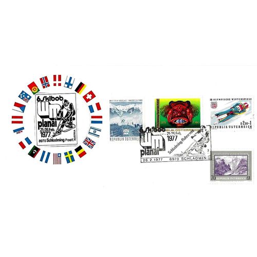 Autriche 1977, Belle Carte Souvenir De Schadming, Station De Sports D'hiver Des Alpes Autrichiennes, Illustration Compétition De Skibob, 4 Timbres Oblitérés, Tbe.