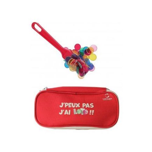 Kit Accessoires Loto Bingo 3 En 1 - Trousse + Baton Ramasse Jetons Magnetique Rouge + 100 Pions Aimantes - Set Materiel Jeu + Carte