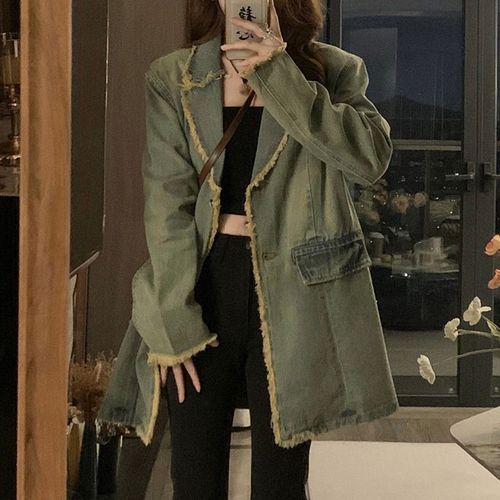 Haut Ample À Col De Costume En Denim Pour Femme, Design Unique Rétro Américain, Printemps Et Automne