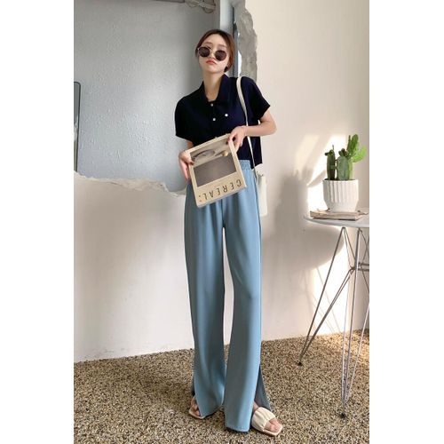 Pantalon Fendu Pour Femme Taille Haute Drapé Droit Longueur Au Sol Costume Pantalon Jambe Large Fendu Été