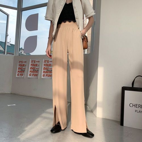 Pantalon Fendu Pour Femme Taille Haute Drapé Droit Longueur Au Sol Costume Pantalon Jambe Large Fendu Été