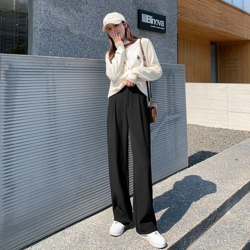 Pantalon De Costume Pour Femme, Coupe Droite, Ample, Drapé, Décontracté, Taille Haute, Noir, Jambes Larges