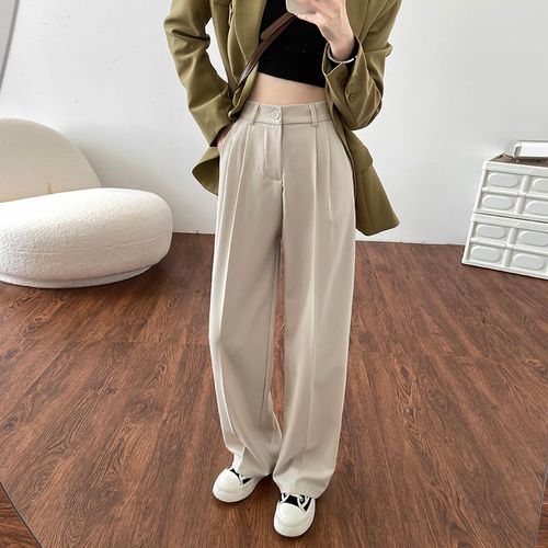 Pantalon De Costume Longueur Plancher Pantalon De Costume Femme Automne Droit Ample Drapé Décontracté Taille Haute Noir Pantalon Large