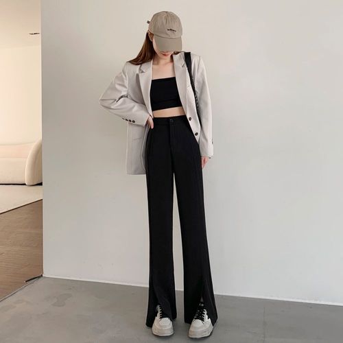 Pantalon Large Fendu Pour Femme, Pantalon De Costume Décontracté Drapé Taille Haute, Pantalon Ample Droit Jusqu'au Sol Pour Printemps Et Été