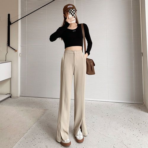 Pantalon Large Fendu Pour Femme, Pantalon De Costume Décontracté Drapé Taille Haute, Pantalon Ample Droit Jusqu'au Sol Pour Printemps Et Été