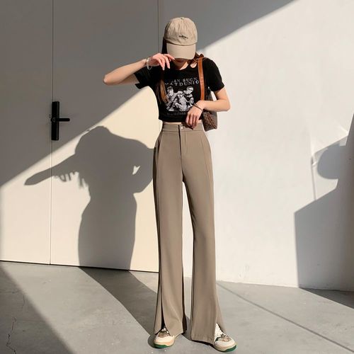 Pantalon Large Fendu Pour Femme, Pantalon De Costume Décontracté Drapé Taille Haute, Pantalon Ample Droit Jusqu'au Sol Pour Printemps Et Été