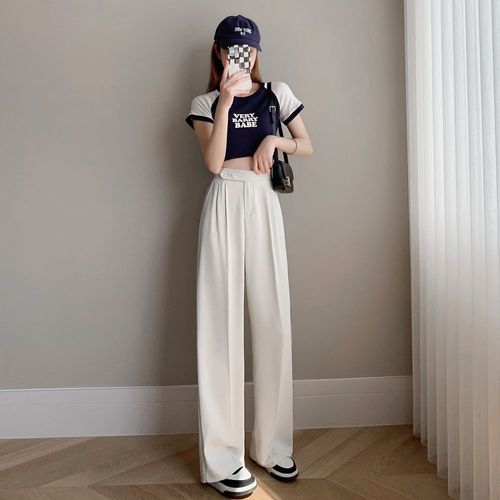 Pantalon Large À Taille Haute Irrégulière Pour Femme, Pantalon Décontracté Ample À Coupe Droite Avec Pipe À Cigarette