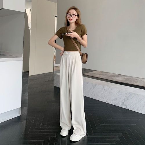 Pantalon De Costume Marron Pour Femme, Petite Taille, Taille Haute, Droit, Pantalon Large Marron Jusqu'au Sol