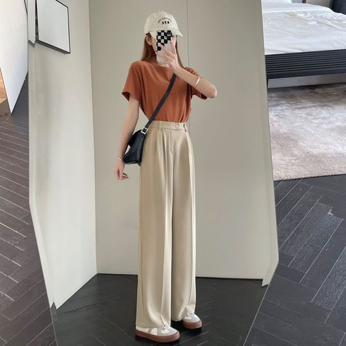 Pantalon De Costume Marron Pour Femme, Petite Taille, Taille Haute, Droit, Pantalon Large Marron Jusqu'au Sol