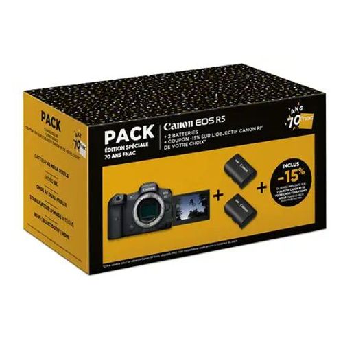 Appareil photo hybride Canon EOS R5 Boitier Nu + 2 batteries + Coupon -15% sur une optiques RF Canon - Edition 70 ans FNAC
