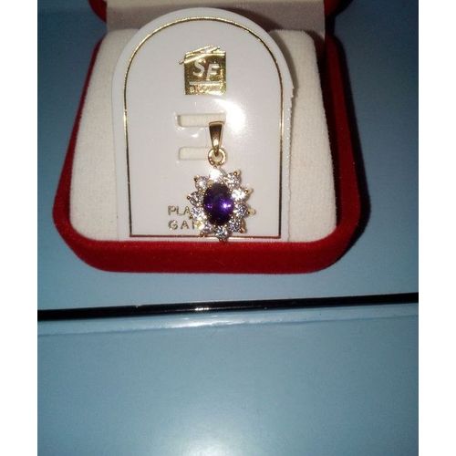 Pendentif Ovale En Plaqué Or Oxyde Zirconium Parme Et Blanc