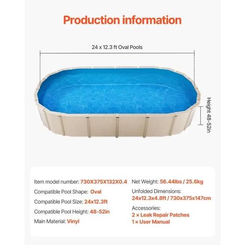 Revêtement de Piscine-VEVOR-Ovale-730x375x147 cm, Doublure Style Chevauchement Vinyle Calibre Standard-Hauteur 132 cm